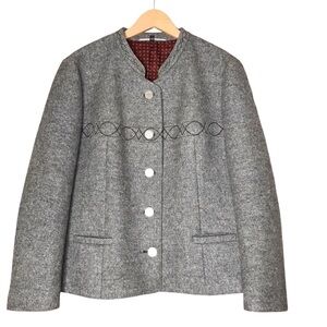 Large Bayerischer Loden Bavarian Grey Wool Blend Jacket Lined Mandarin Collar